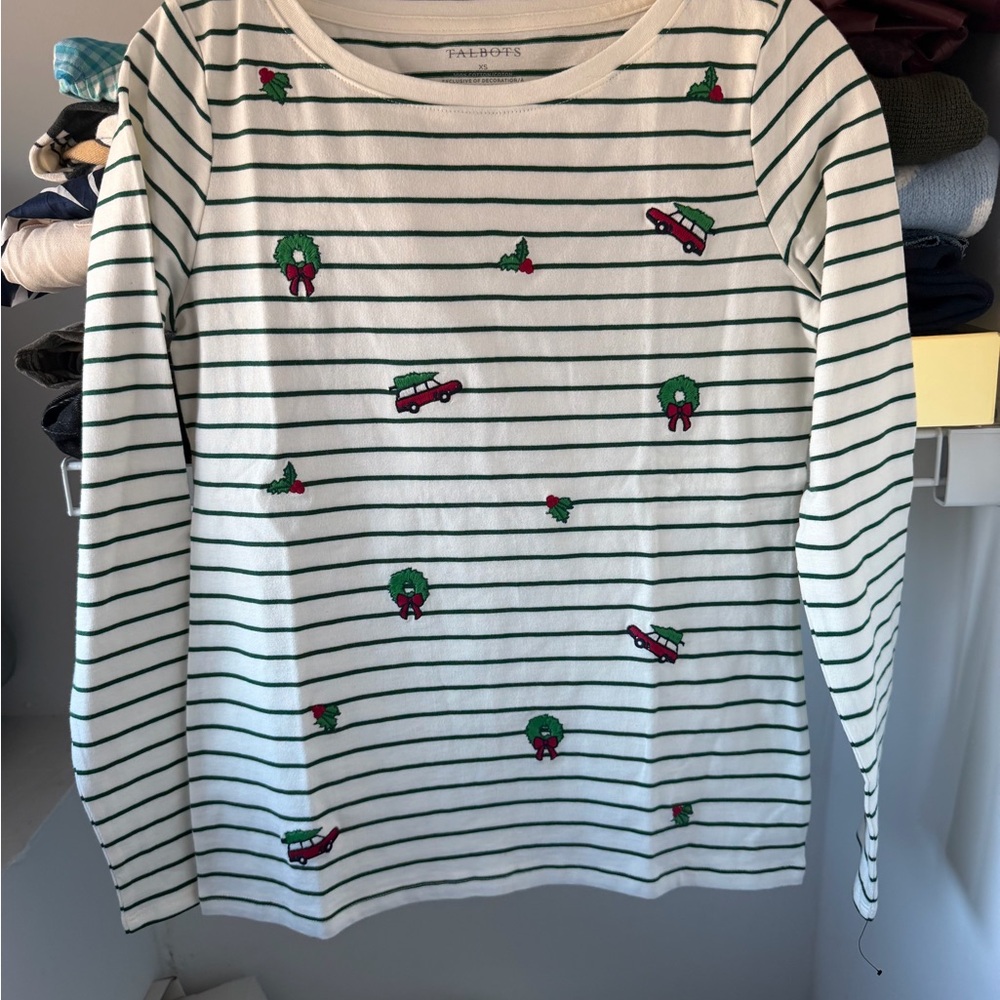 Talbots Long Sleeve Christmas Shirt White with Green Stripes and Festive Accents